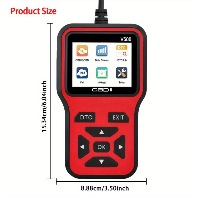 Red OBDII engine fault code reader with screen, DTC and EXIT buttons; cable connected