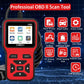 Red and black OBDII scan tool with touchscreen menu and DTC/EXIT buttons