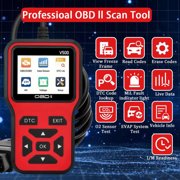 Red and black OBDII scan tool with touchscreen menu and DTC/EXIT buttons
