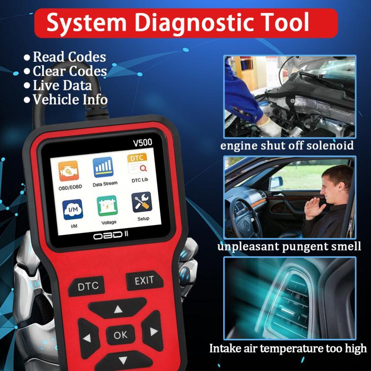 Red OBDII system diagnostic tool with screen, DTC label, and OK/arrow navigation buttons