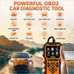 Handheld orange OBDII car diagnostic scanner with screen and control buttons, OBD plug cable.