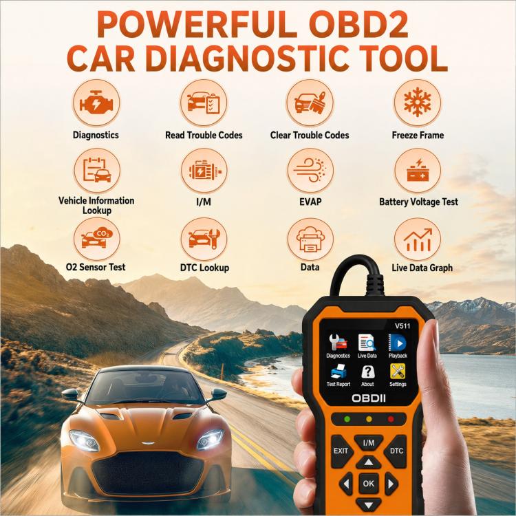 Handheld orange OBDII car diagnostic scanner with screen and control buttons, OBD plug cable.