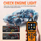 Orange OBDII engine fault code scanner handheld device with display and DTC control buttons.