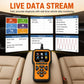 Orange OBDII diagnostic scanner placed on car seat, with screen and EXIT/I/M/DTC buttons.