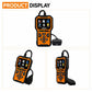 Orange OBDII scanner product display with OBD cable and handheld button panel shown from angles.