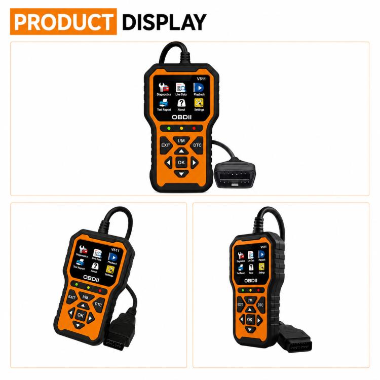 Orange OBDII scanner product display with OBD cable and handheld button panel shown from angles.