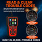 Red and black OBD2 diagnostic scanner showing interface and check engine light icons