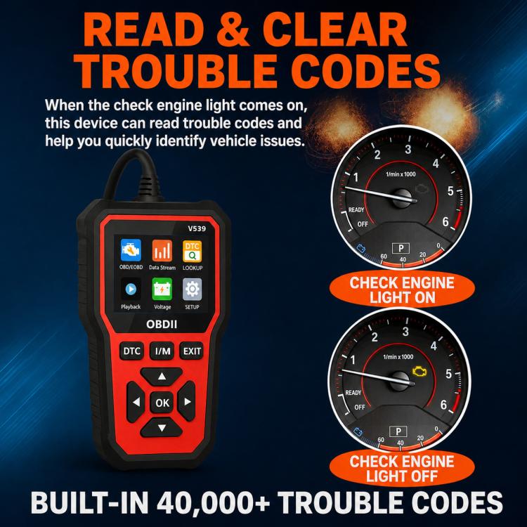 Red and black OBD2 diagnostic scanner showing interface and check engine light icons