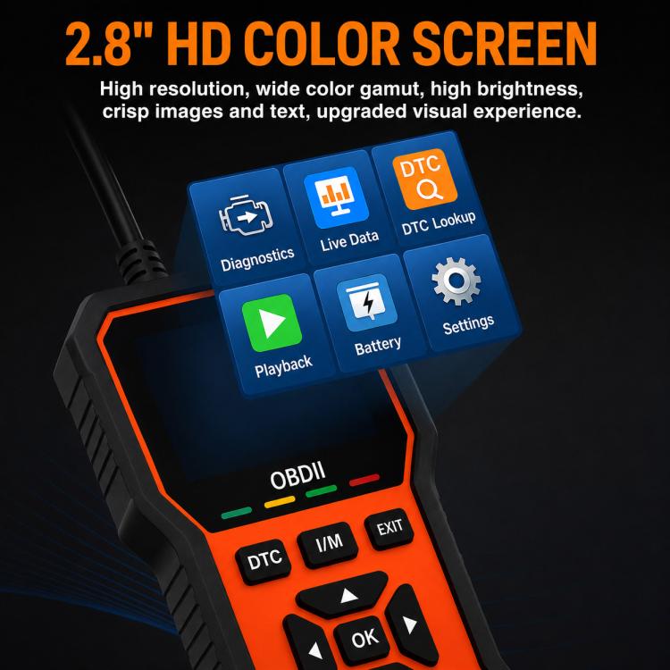 Handheld OBD2 scan tool with 2.8-inch color screen and icon menu display