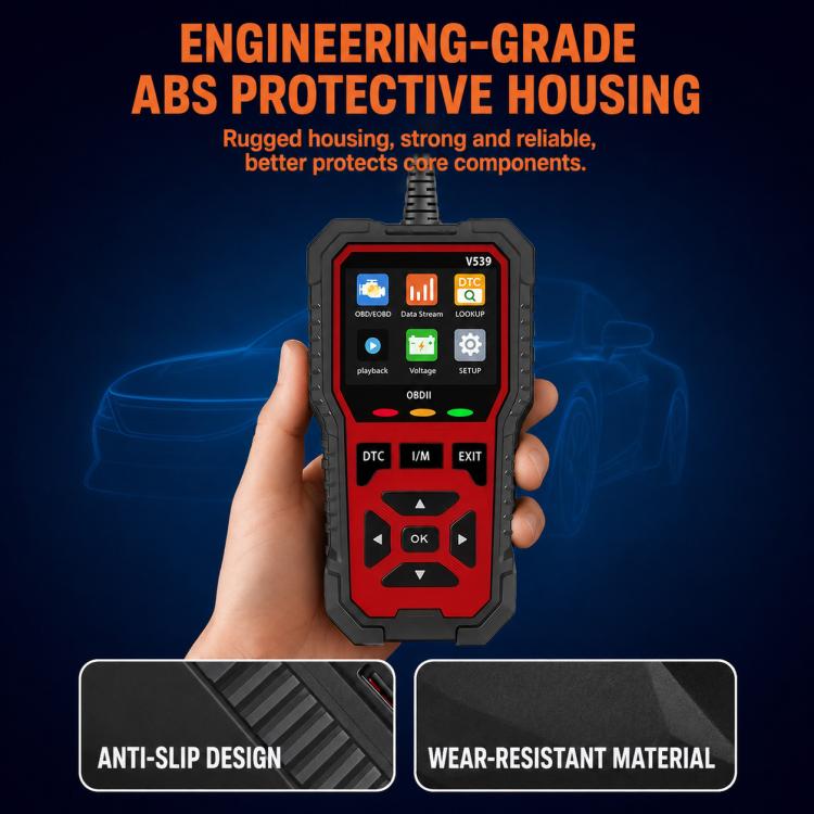 V539 OBD2 diagnostic scanner in rugged case held in a hand with visible screen