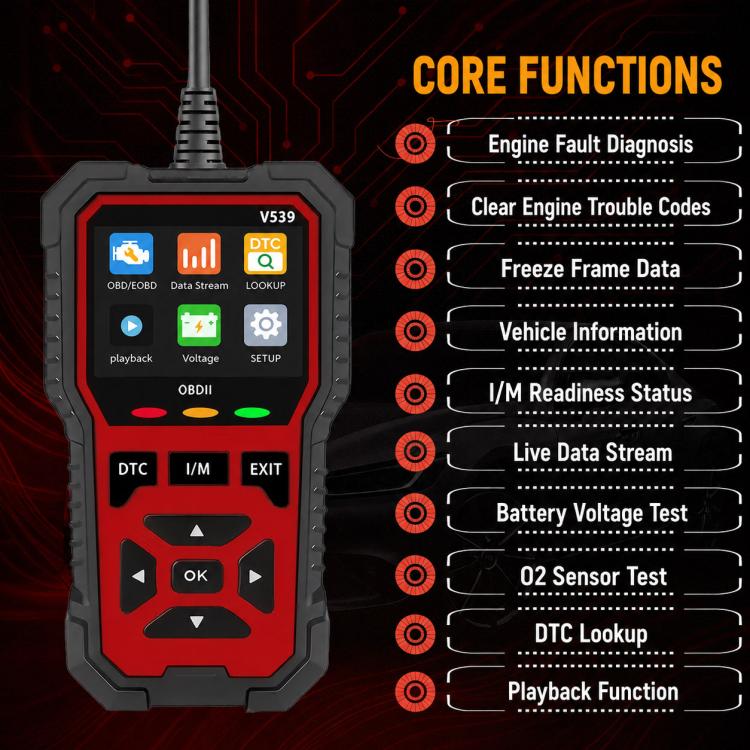 OBD2 fault code reader with on-screen function list and large navigation keypad