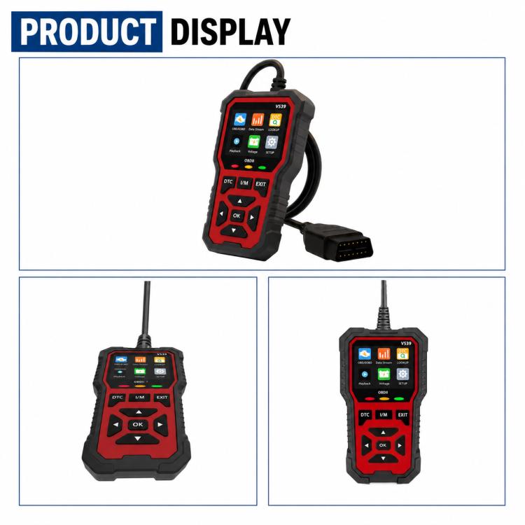 V539 OBD2 scan tool with connected cable and multi-angle product display