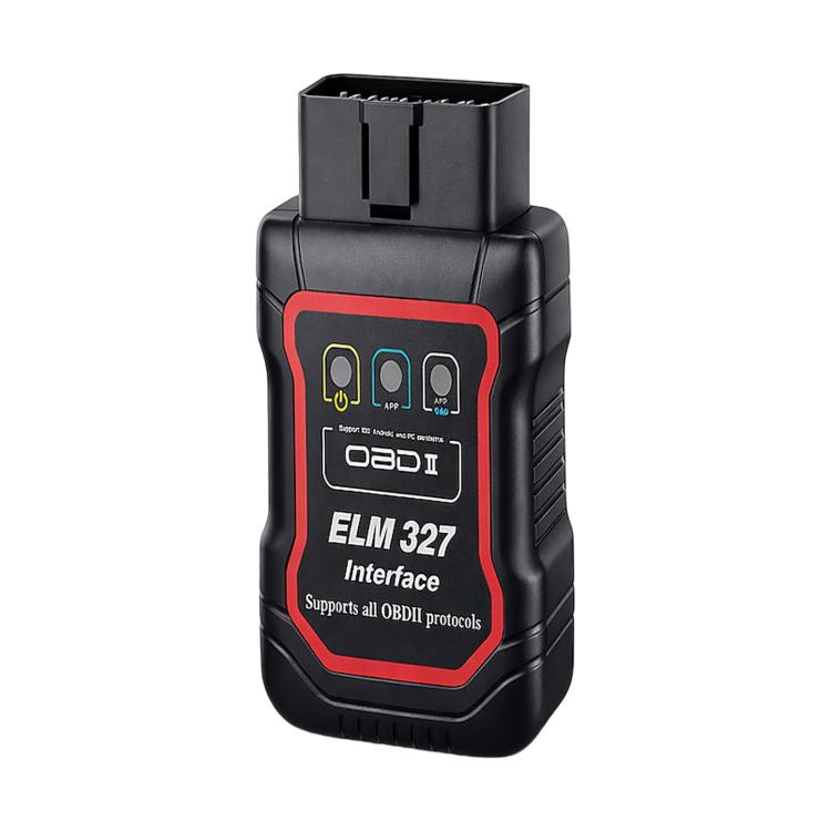 Black ELM 327 OBD2 car code reader with connector top and red control panel