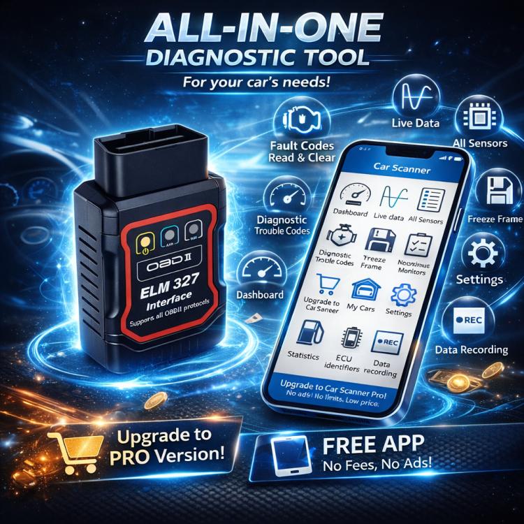 ELM 327 OBD2 scan tool with blue promotional UI graphics on packaging