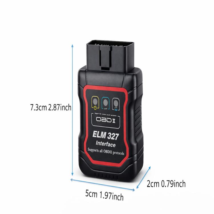 Black ELM 327 OBD2 interface diagnostic tool with size measurement arrows