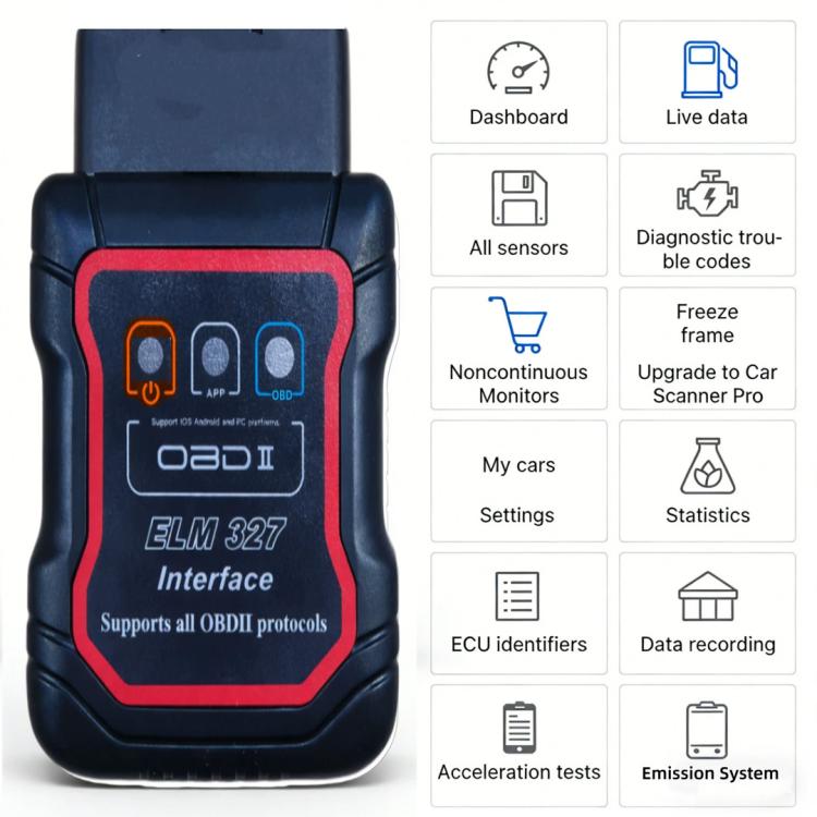 Black ELM 327 OBD2 interface tool front view with app and settings icons