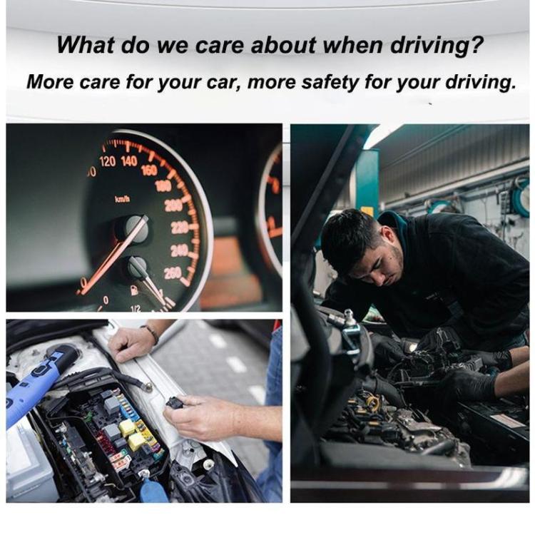 OBD2 code reader device held near a car engine compartment