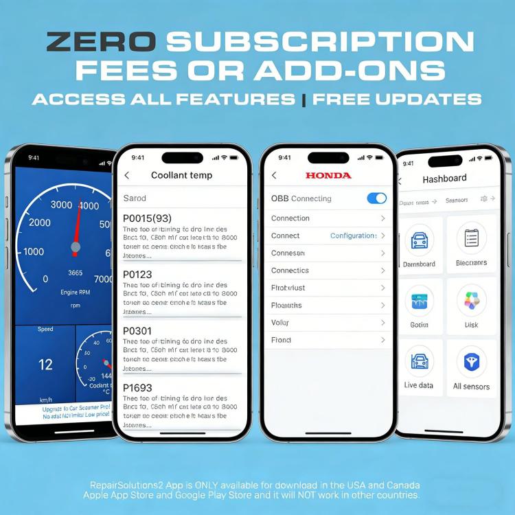 Mobile app screens for OBD2 codes and live data on smartphones