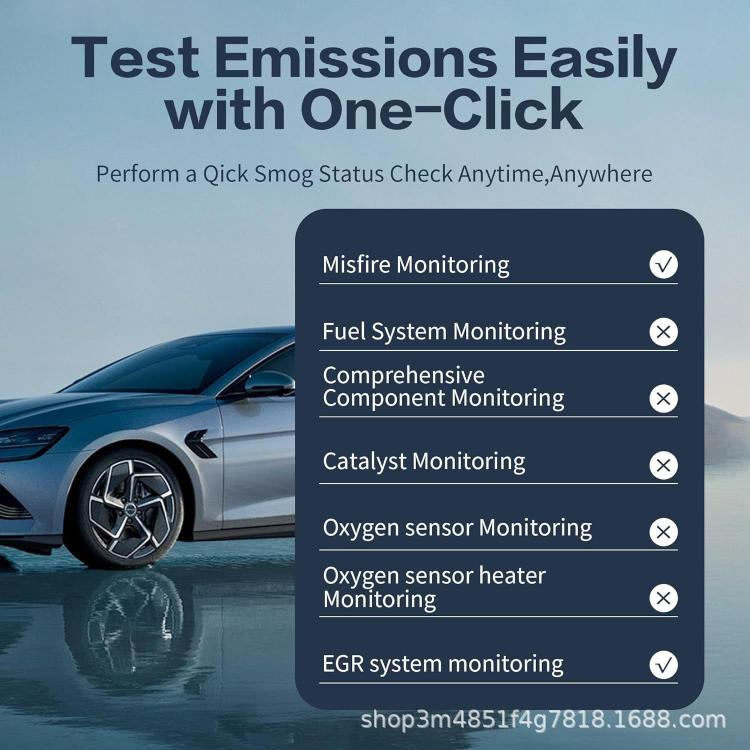App interface showing emission monitoring options for OBD2 diagnostics