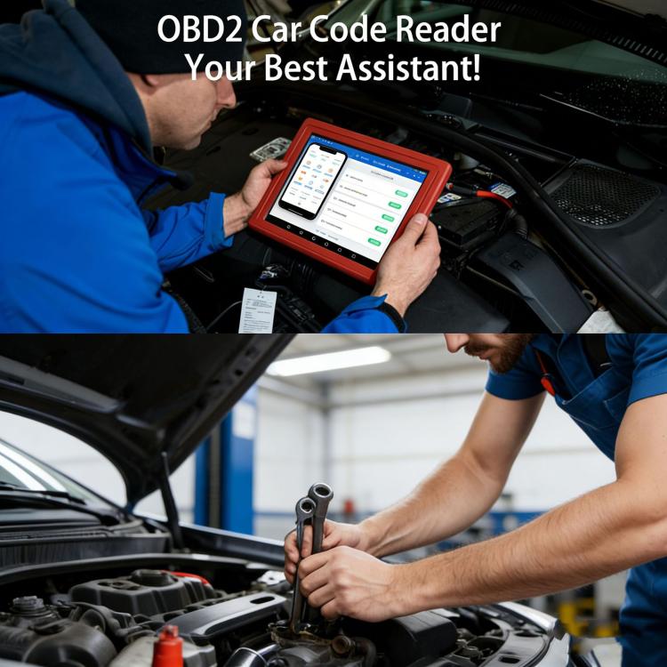 Mechanic using an OBD2 code reader while inspecting a car engine bay