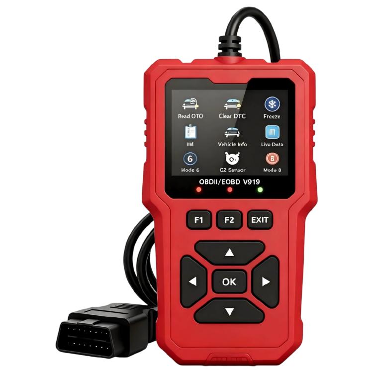 Red handheld OBD2 car code scanner with display, buttons, and OBD cable