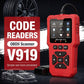 Red OBD2 code reader scanner with screen and OBD connector beside car graphics