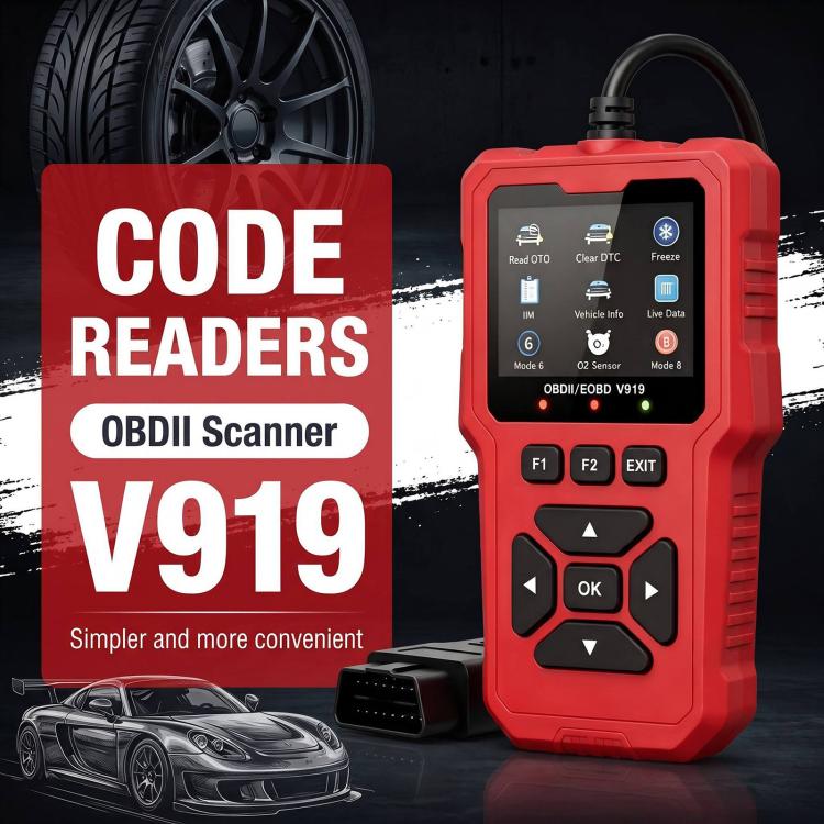 Red OBD2 code reader scanner with screen and OBD connector beside car graphics