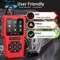Red OBD2 diagnostic scanner with status color indicators for red, yellow, and green