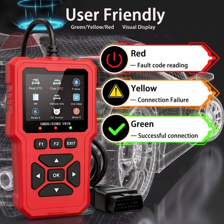 Red OBD2 diagnostic scanner with status color indicators for red, yellow, and green