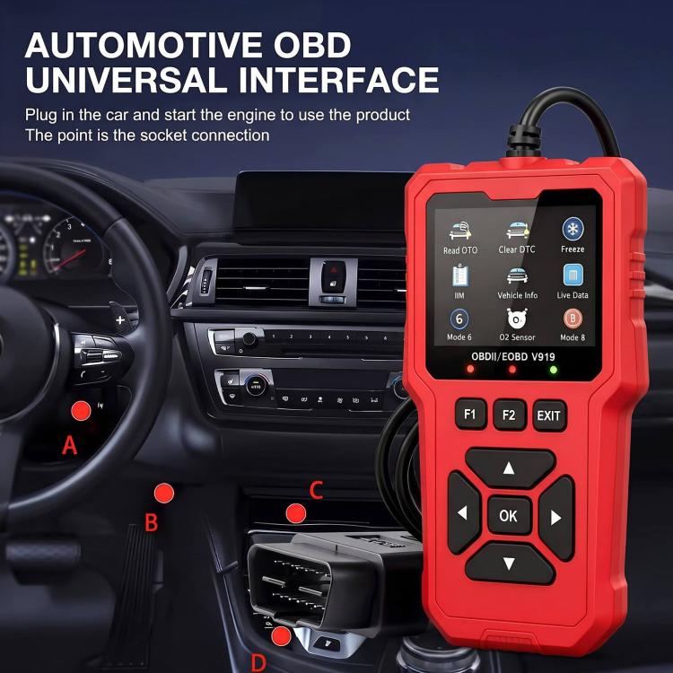 Red OBD2 scanner plugged into car dashboard socket, with screen and control buttons