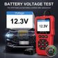 Red OBD2 scanner showing 12.3V battery voltage test on its screen