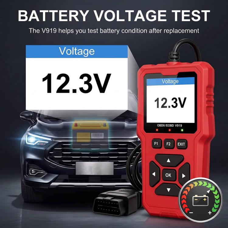Red OBD2 scanner showing 12.3V battery voltage test on its screen