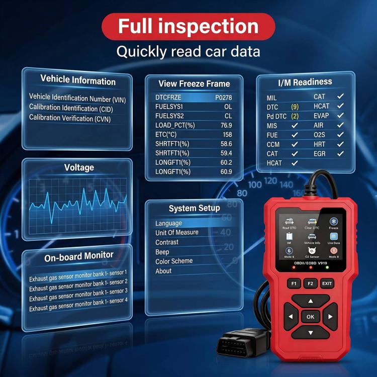 Red OBD2 diagnostic scanner displaying vehicle information and system data menus