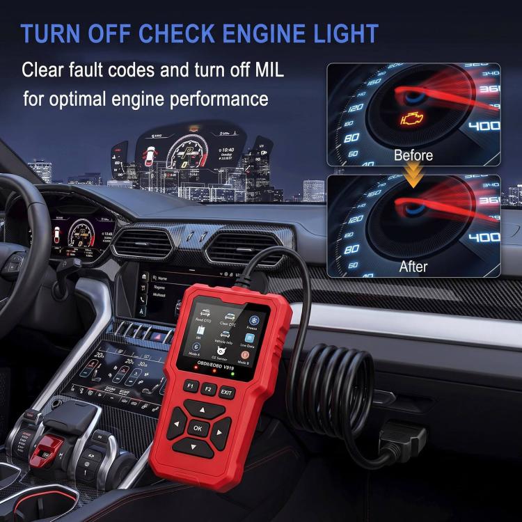 Red OBD2 code reader scanner in car interior, with check engine light before/after