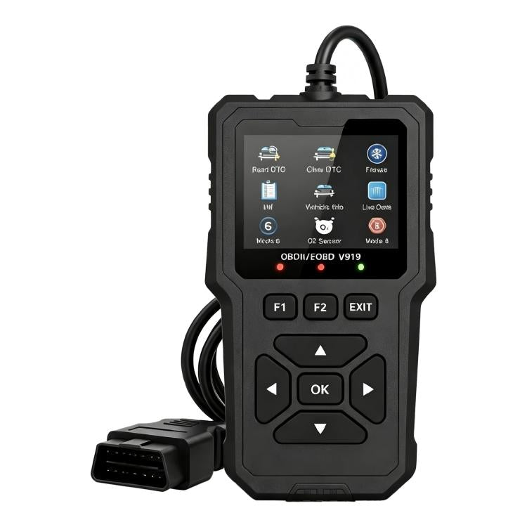 OBD2 car diagnostic scanner with screen, function buttons, and OBD connector