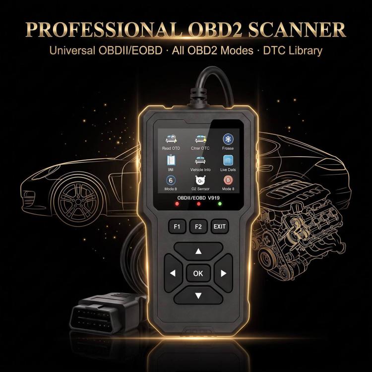 Professional OBD2 V919 scanner with screen, buttons, and illuminated casing edges