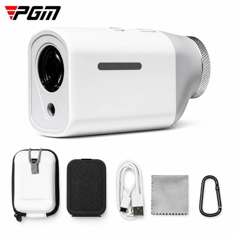 White mini magnetic golf rangefinder with lens, plus included accessory pouch and cable