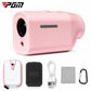 Pink mini magnetic golf rangefinder with lens, plus included accessory pouch and cable