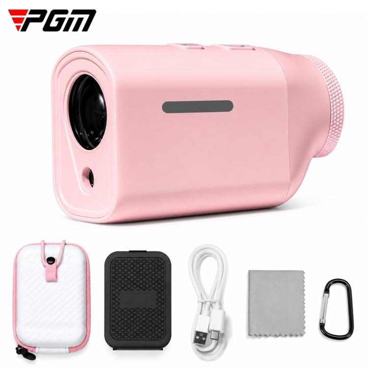 Pink mini magnetic golf rangefinder with lens, plus included accessory pouch and cable
