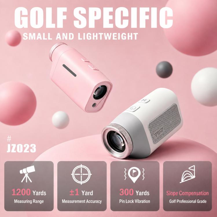 Pink mini golf rangefinder with front lens, compact tube-style body