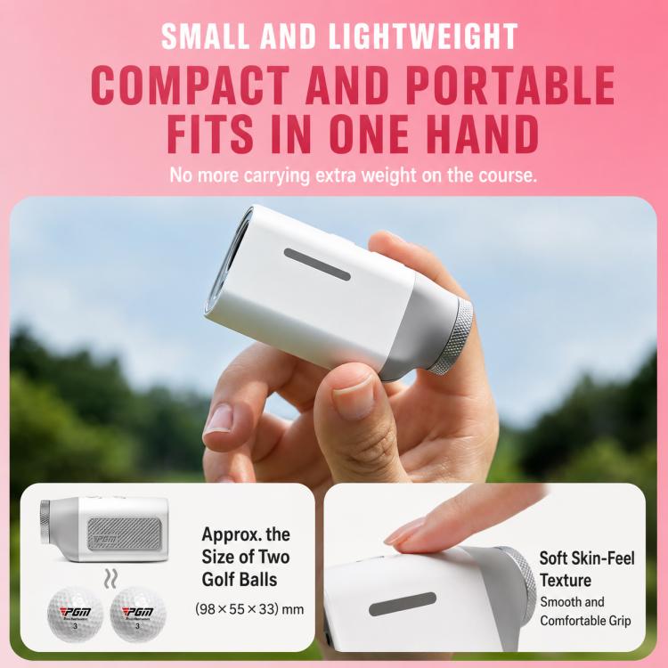 White mini magnetic golf rangefinder held in one hand, compact portable body