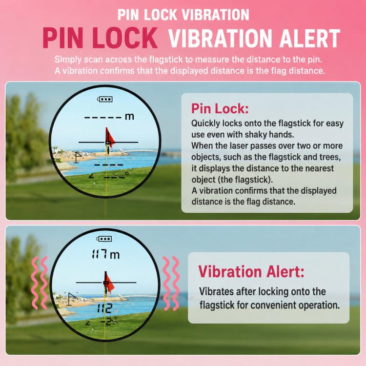Pin lock vibration alert graphic for a mini golf rangefinder