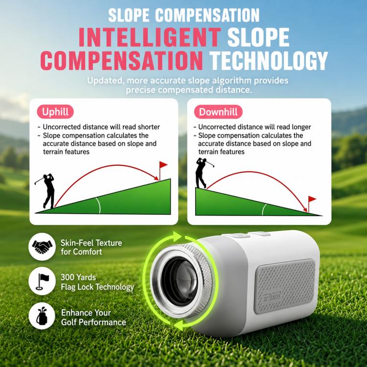 Mini golf rangefinder showing slope compensation diagram and front lens