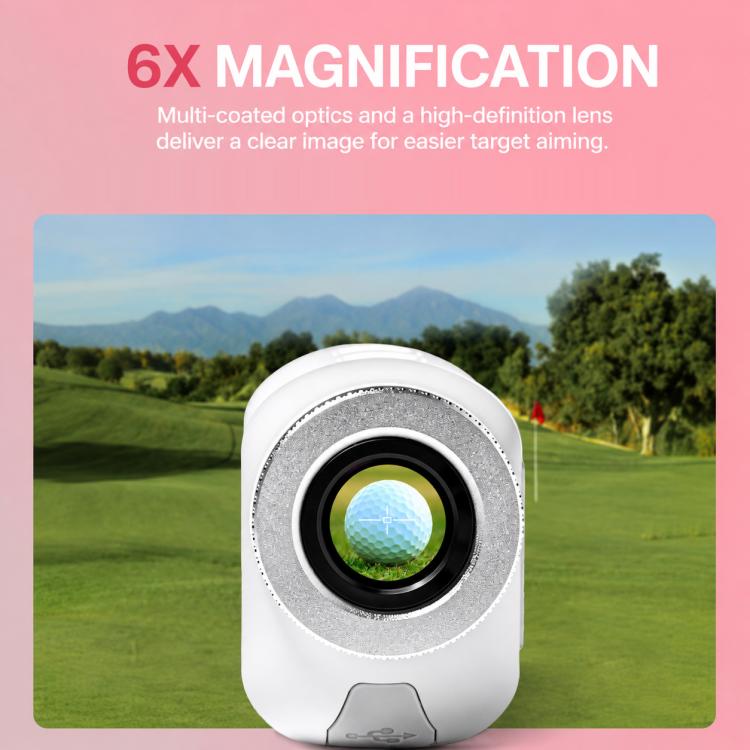 White mini golf rangefinder with 6x magnification lens view