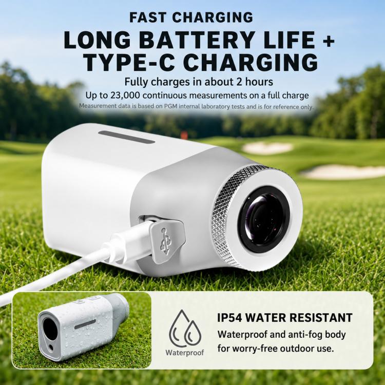 White mini golf rangefinder with Type-C charging cable and IP54 water resistant badge