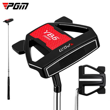 Men's golf mallet putter with black head, red face insert, and white alignment lines
