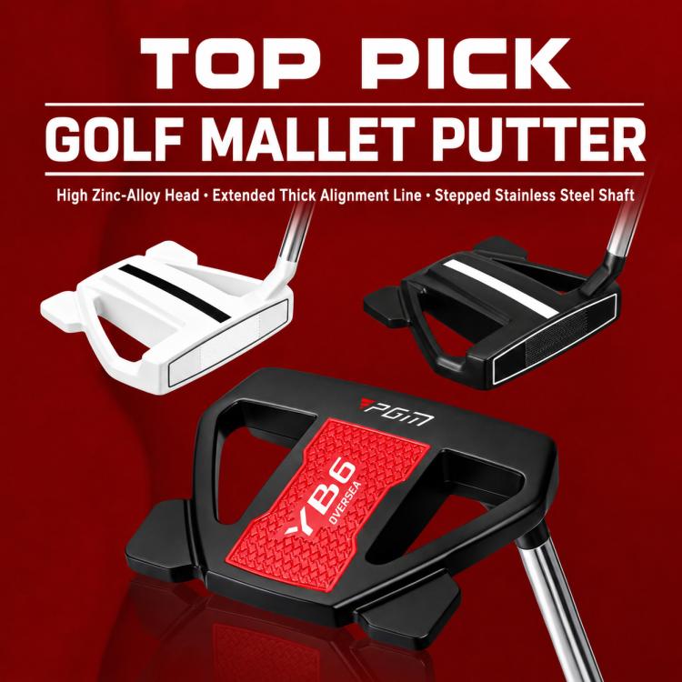 Golf mallet putter set showing black and white heads with red face insert detail