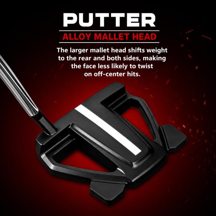 Golf mallet putter head close-up with black body and bright white center alignment bar