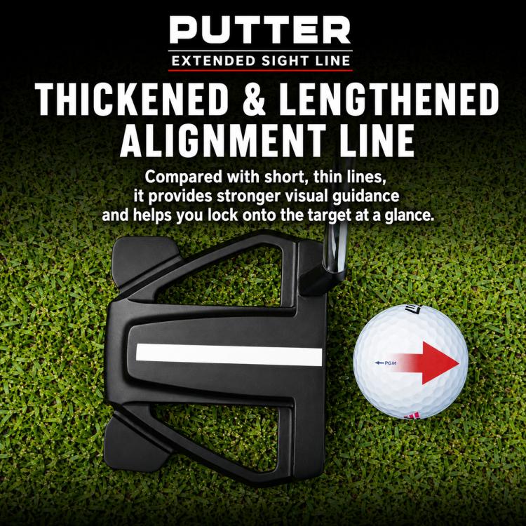 Golf mallet putter with black head and thick black-and-white alignment line