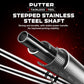 Golf putter with stepped stainless steel shaft and black grip, side view